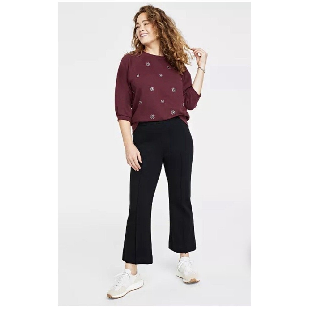ON-34TH Pants Women’s XL Black Cropped Flare Pintuck Ponte Knit Side Zip